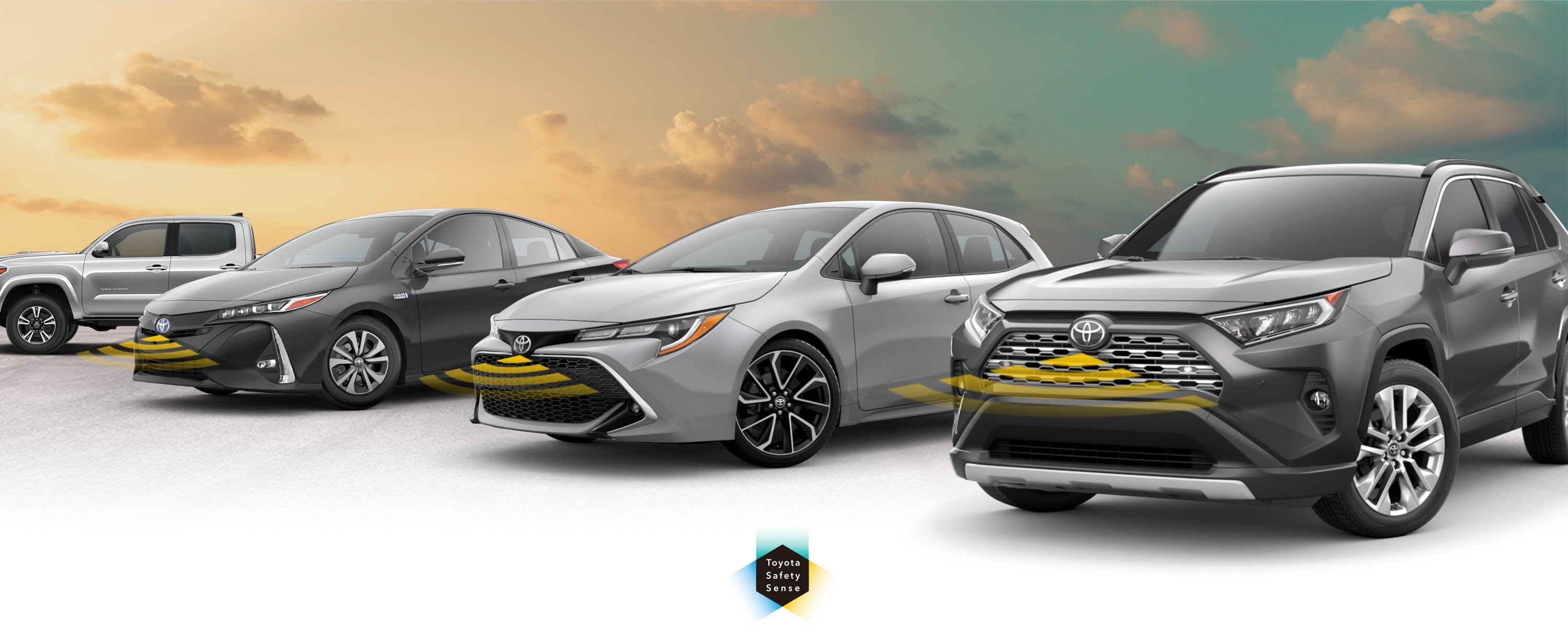 Toyota Safety Sense: Designed for Safety. Options shown on Toyota models including RAV4, Tacoma, and Camry, available now at Toyota of Fort Worth in Fort Worth TX.